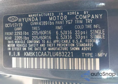 2020 Hyundai Kona Se из США, поврежденный, VIN KM8K1CAA7LU483221